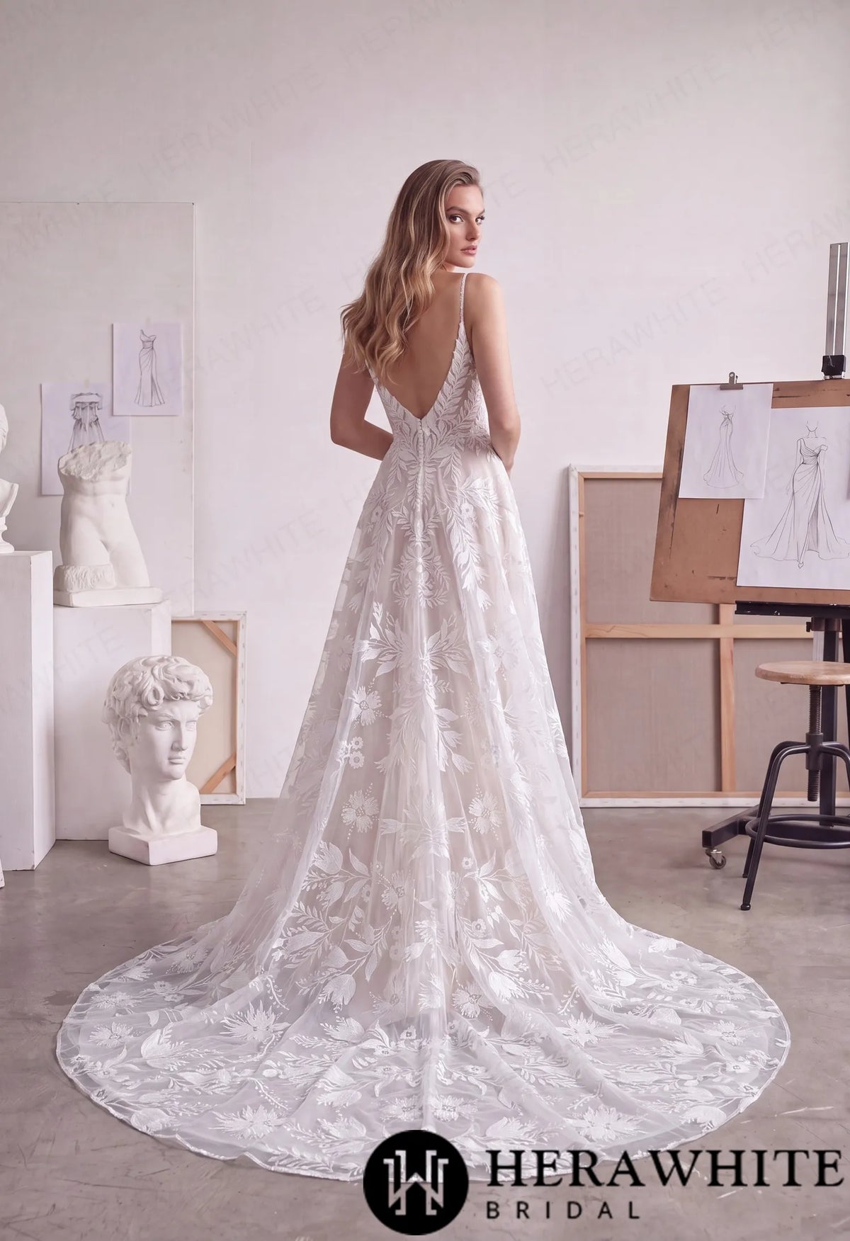 Floral Lace A-Line Wedding Dress with Plunging V-Neck HW4104 — HW4104 — image 5