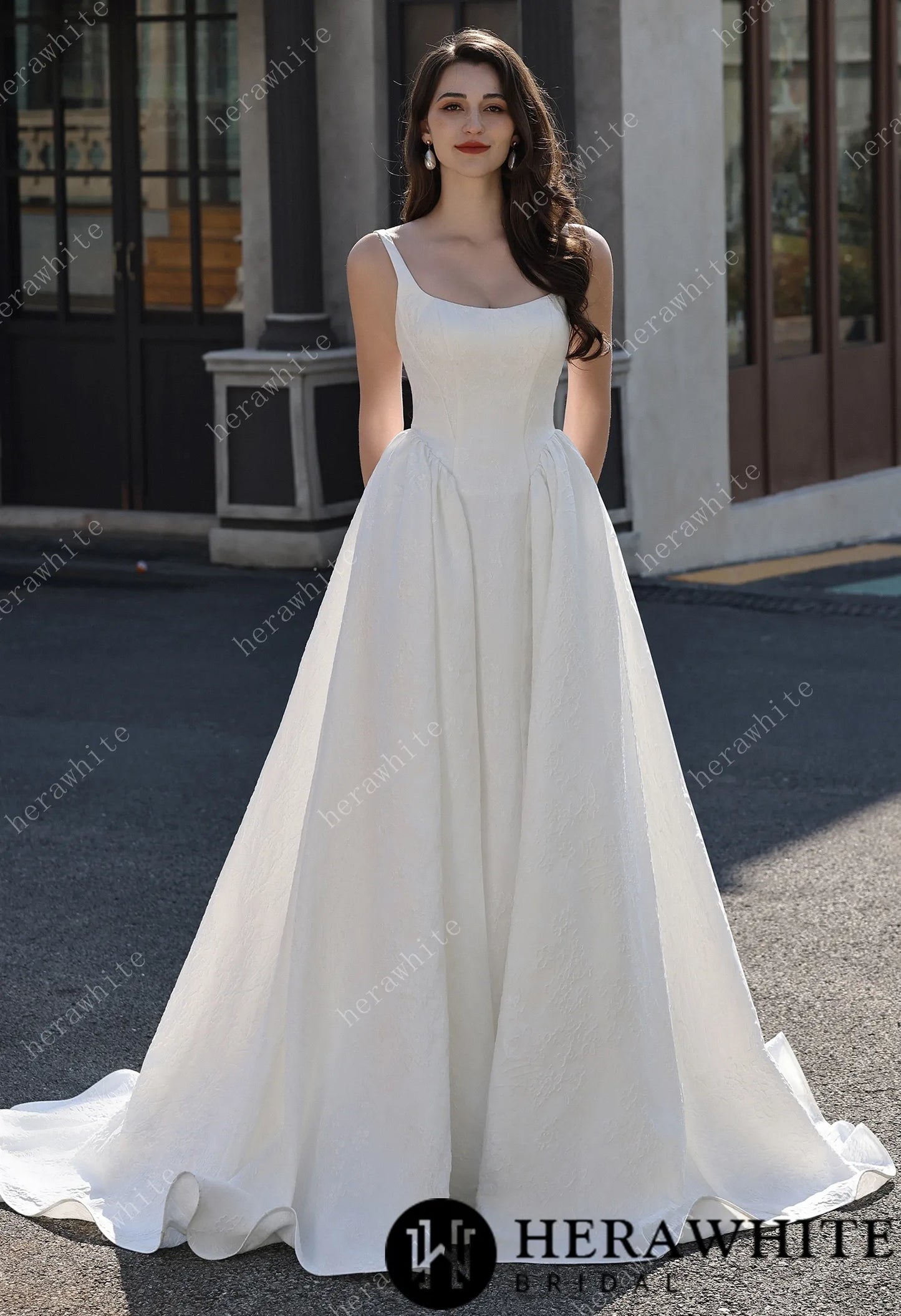 Dignified Square Neckline Subtle Textured Basque Jacquard Satin Ballgown HW3814