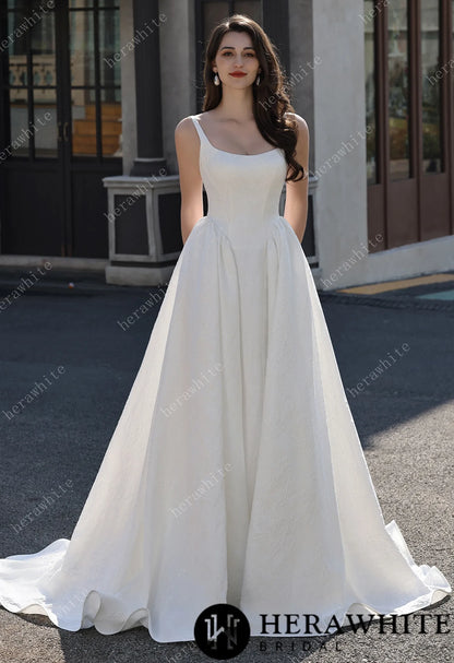 Dignified Square Neckline Subtle Textured Basque Jacquard Satin Ballgown HW3814