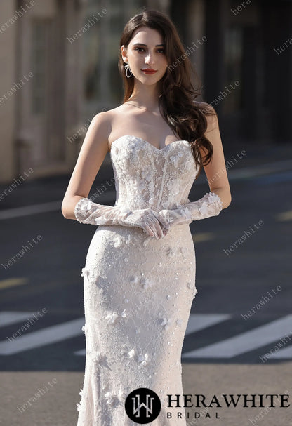 High Neck Lace Mermaid Bridal Gown with Buttons Placket HW3803-N+L