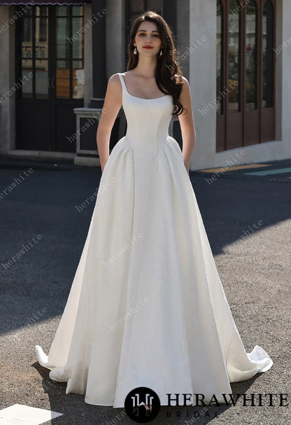 Dignified Square Neckline Subtle Textured Basque Jacquard Satin Ballgown HW3814