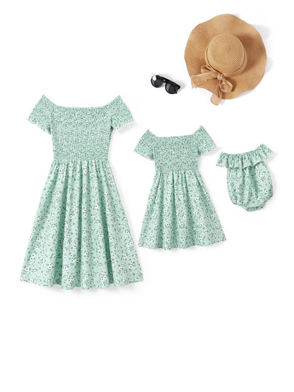 Floral Off Shoulder Shirred Dress