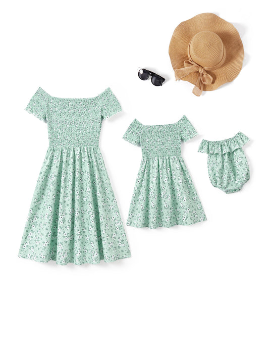 Floral Off Shoulder Shirred Dress