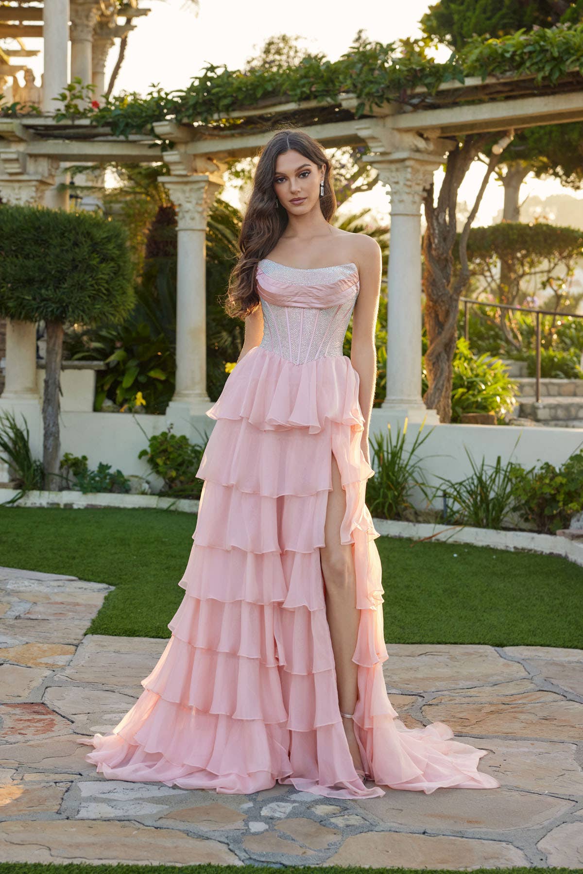 TIERED CHIFFON GOWN WITH STRUCTURED SHIMMERING BODICE
