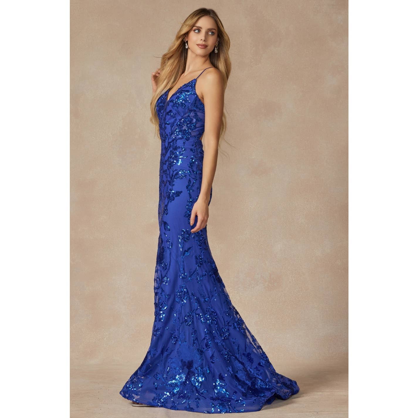 SEQUIN LACE EMBELLISHMENTS FITTED PROM GOWN