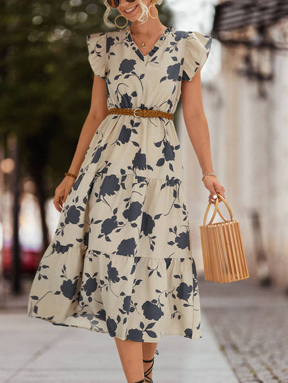 V-neck Printed Flying Sleeve Dress