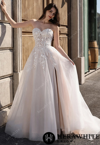 Strapless Sweetheart Beaded Lace Wedding Dress With High illusion Neck HW3841