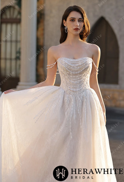 Strapless Ballgown Wedding Dress with Beaded Chain Shoulder Accent HW3807