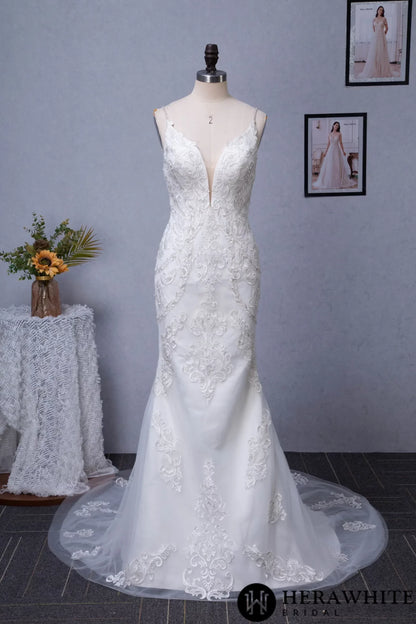 Plunging V-neck Silver Embroidered Lace Court Train Wedding Dress