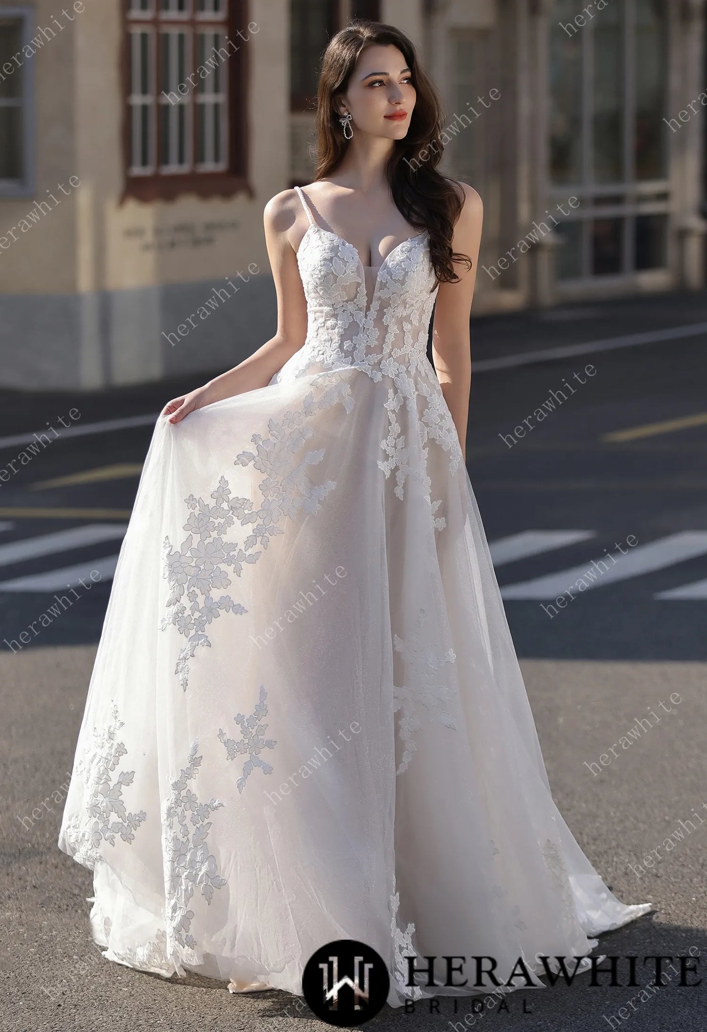 Spaghetti Strap Bridal Gown With Dramatic Lace Train HW3823