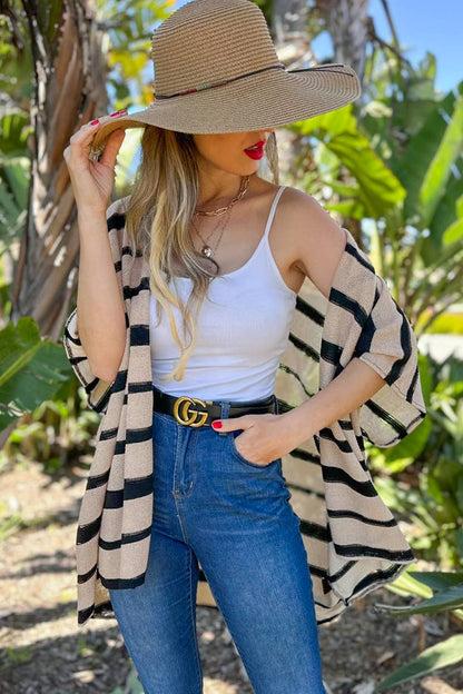 Beige Stripe Print Knitted Kimono Cardigan Cover Up