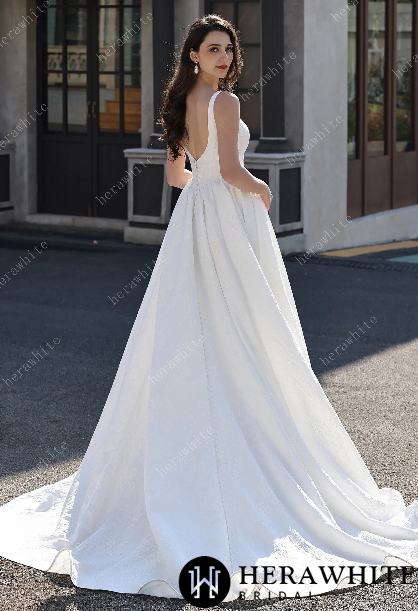 Dignified Square Neckline Subtle Textured Basque Jacquard Satin Ballgown HW3814