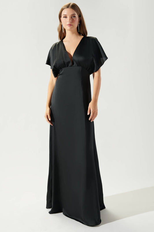 Darling Flutter Sleeve Cut Out Satin Maxi Dress: Black / XL