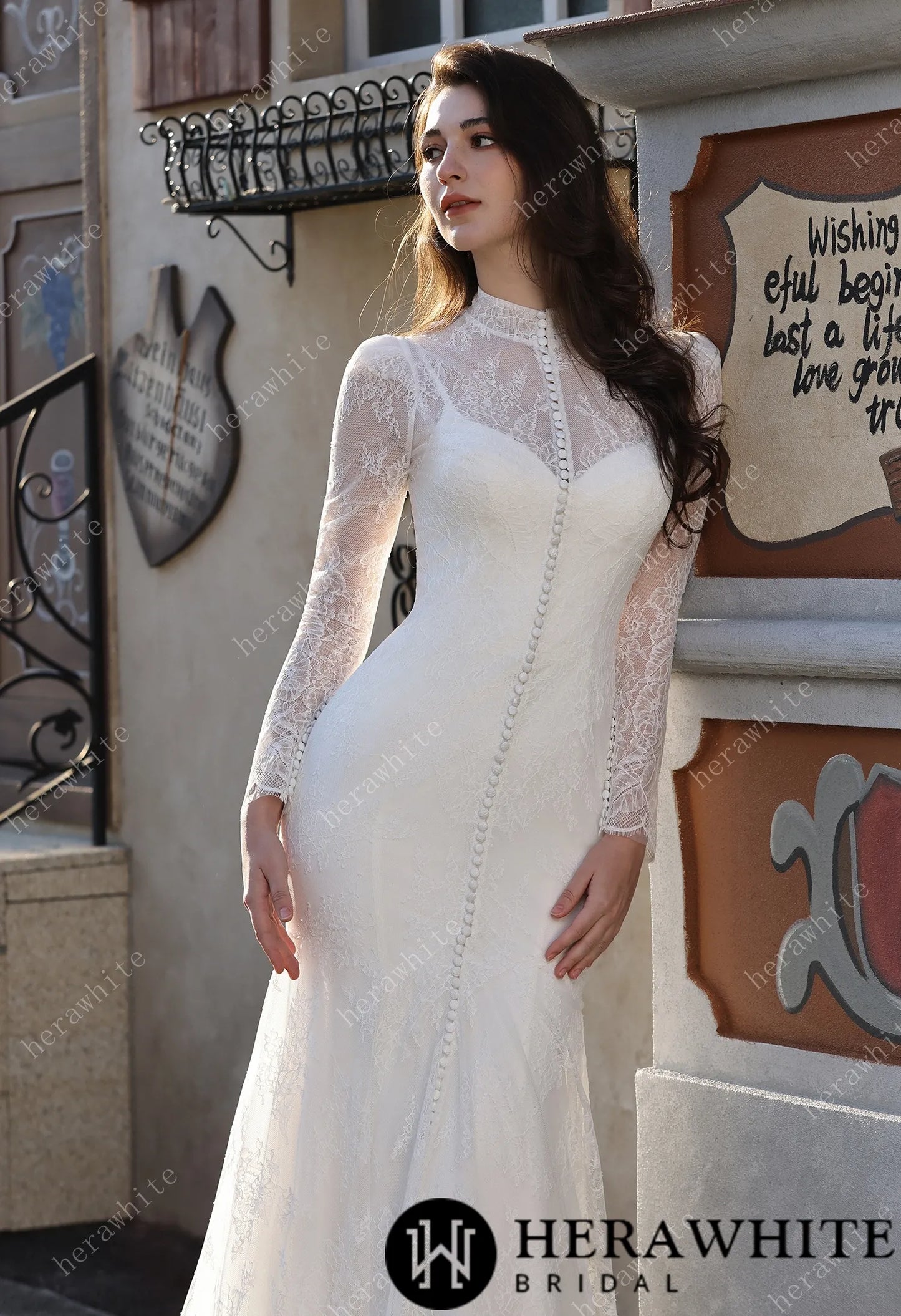 Embellished Mermaid Plunging Neckline Wedding Gown with Scallop Train HW3853