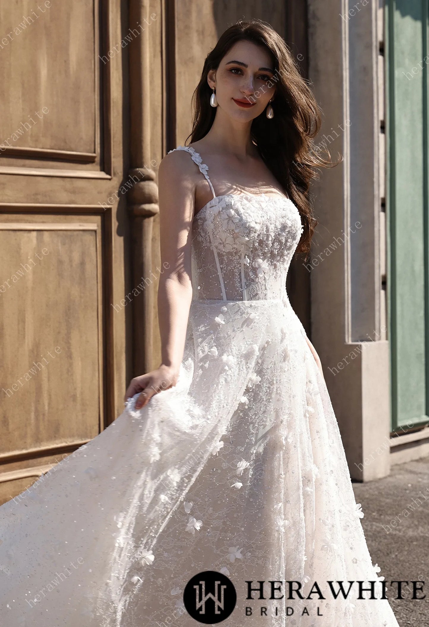 3D Floral Sparkle Lace  Wedding Dress With Straight Across Neckline HW3833