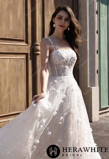 3D Floral Sparkle Lace  Wedding Dress With Straight Across Neckline HW3833