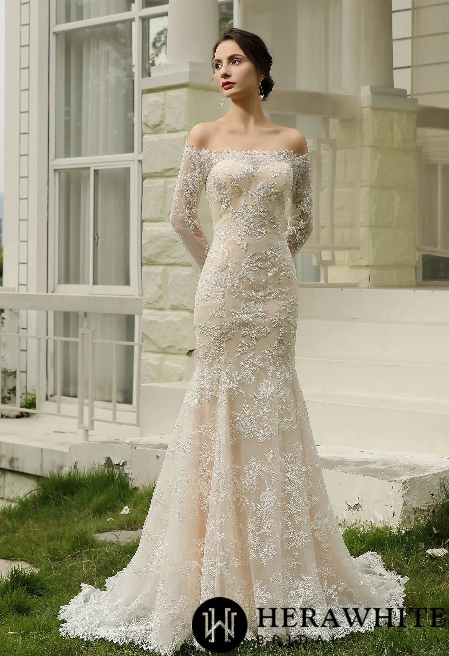 Off-the-Shoulder  Sheath Wedding Dress with Luxury Illusion lace