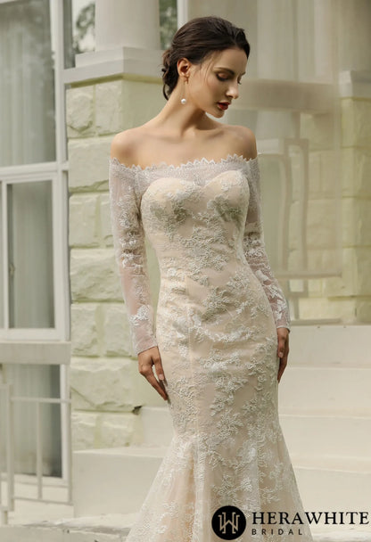 Off-the-Shoulder  Sheath Wedding Dress with Luxury Illusion lace