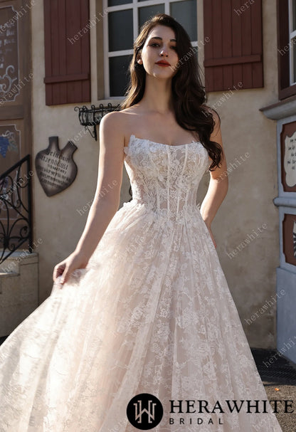 Ethereal Cat Eye Neckline Lace Ballgown Wedding With 3-D Flower Accents HW3817