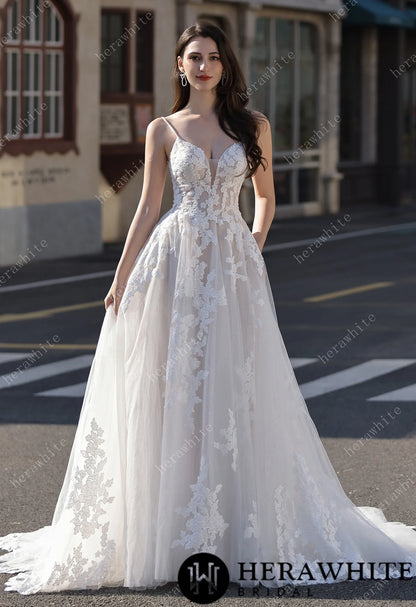 Spaghetti Strap Bridal Gown With Dramatic Lace Train HW3823