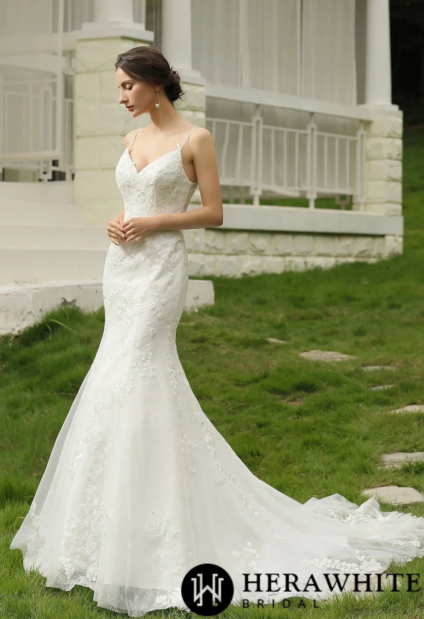 Spaghetti Beading Strap Fit To Flare  Wedding Dress