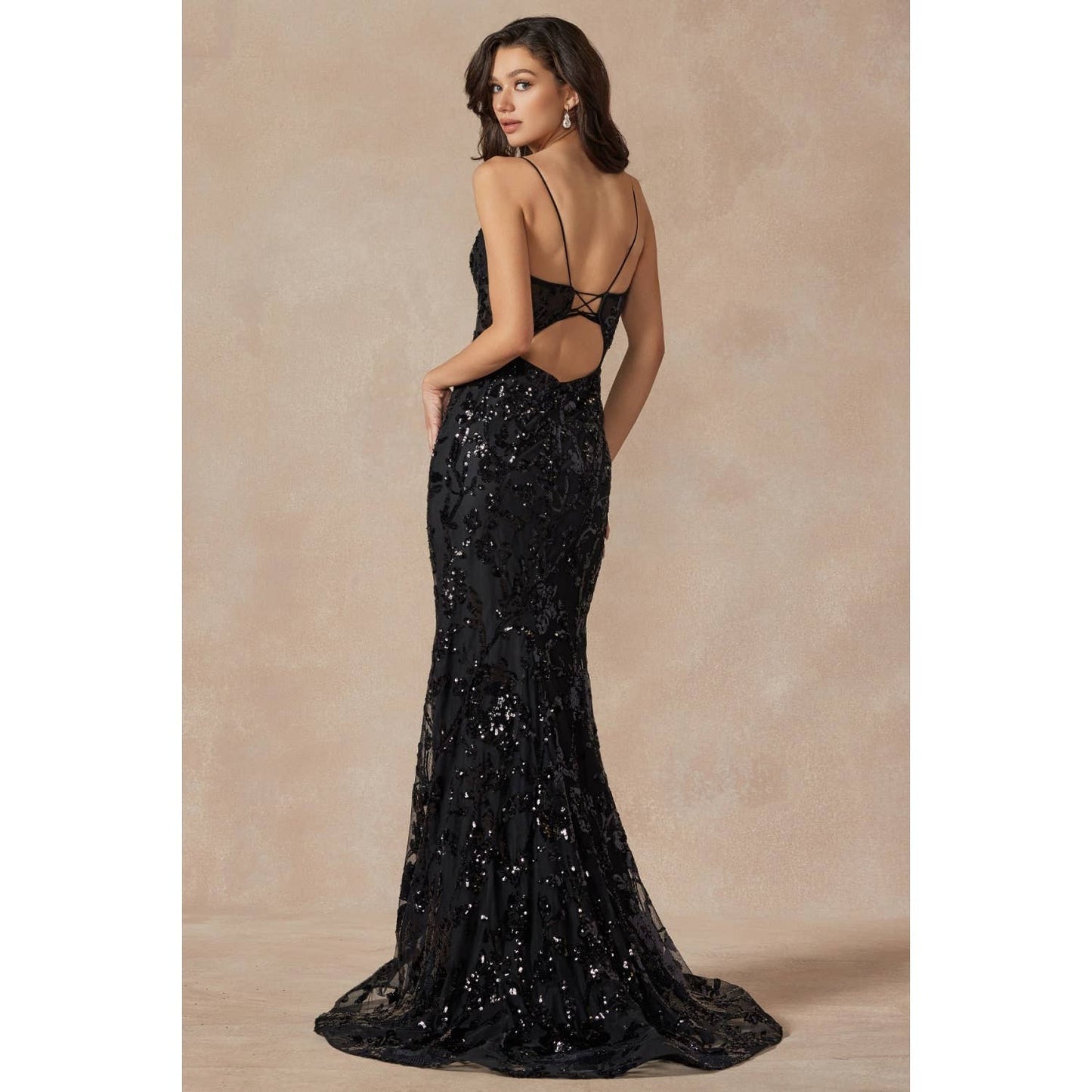 SEQUIN LACE EMBELLISHMENTS FITTED PROM GOWN
