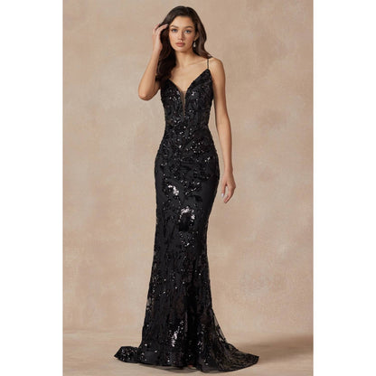 SEQUIN LACE EMBELLISHMENTS FITTED PROM GOWN