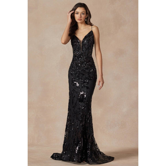 SEQUIN LACE EMBELLISHMENTS FITTED PROM GOWN