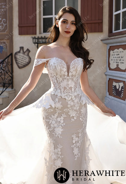 Couture Off-the-Shoulder Floral Lace Mermaid Gown With Detachable Overskirt HW3801-O