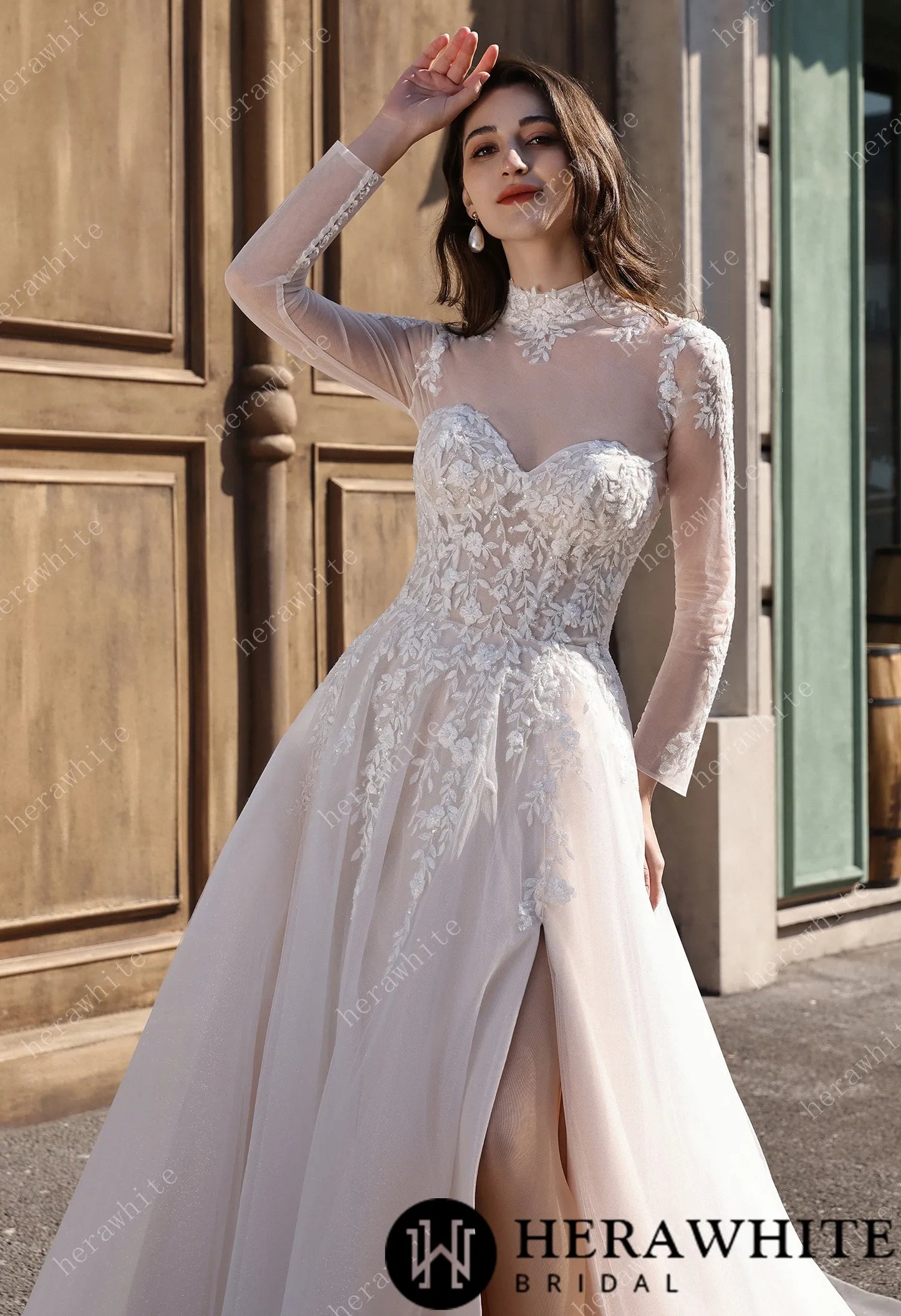 Strapless Sweetheart Beaded Lace Wedding Dress With High illusion Neck HW3841