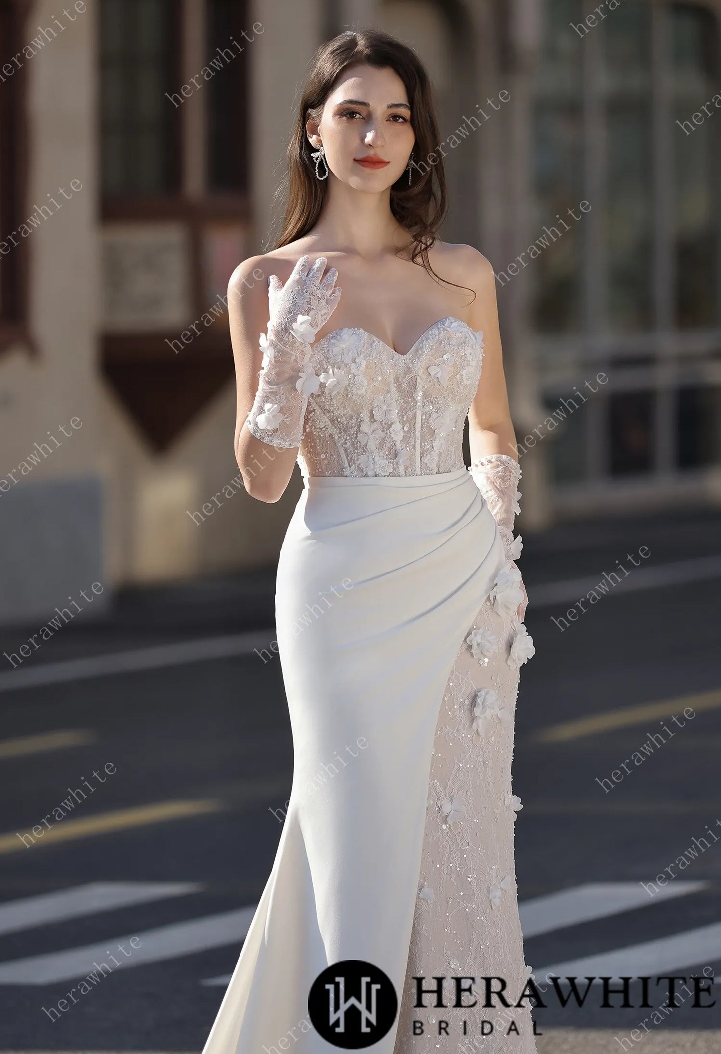High Neck Lace Mermaid Bridal Gown with Buttons Placket HW3803-N+L