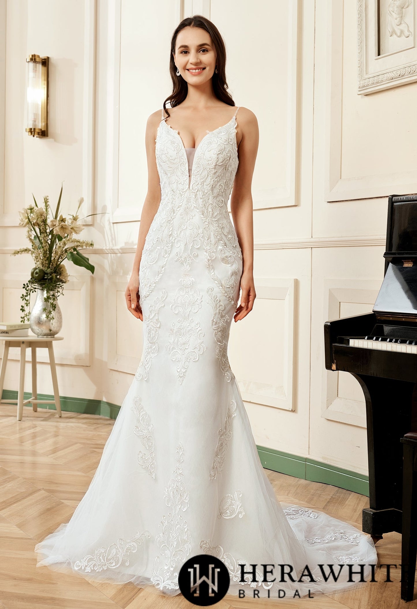 Plunging V-neck Silver Embroidered Lace Court Train Wedding Dress