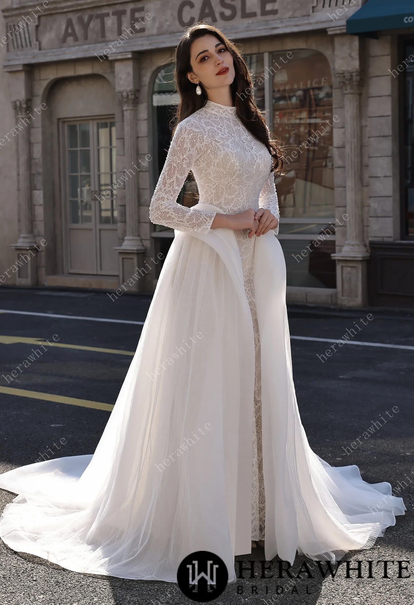 Elegant High-Neck Sequin Lace Sheath Gown with Detachable Sheer Train HW3843