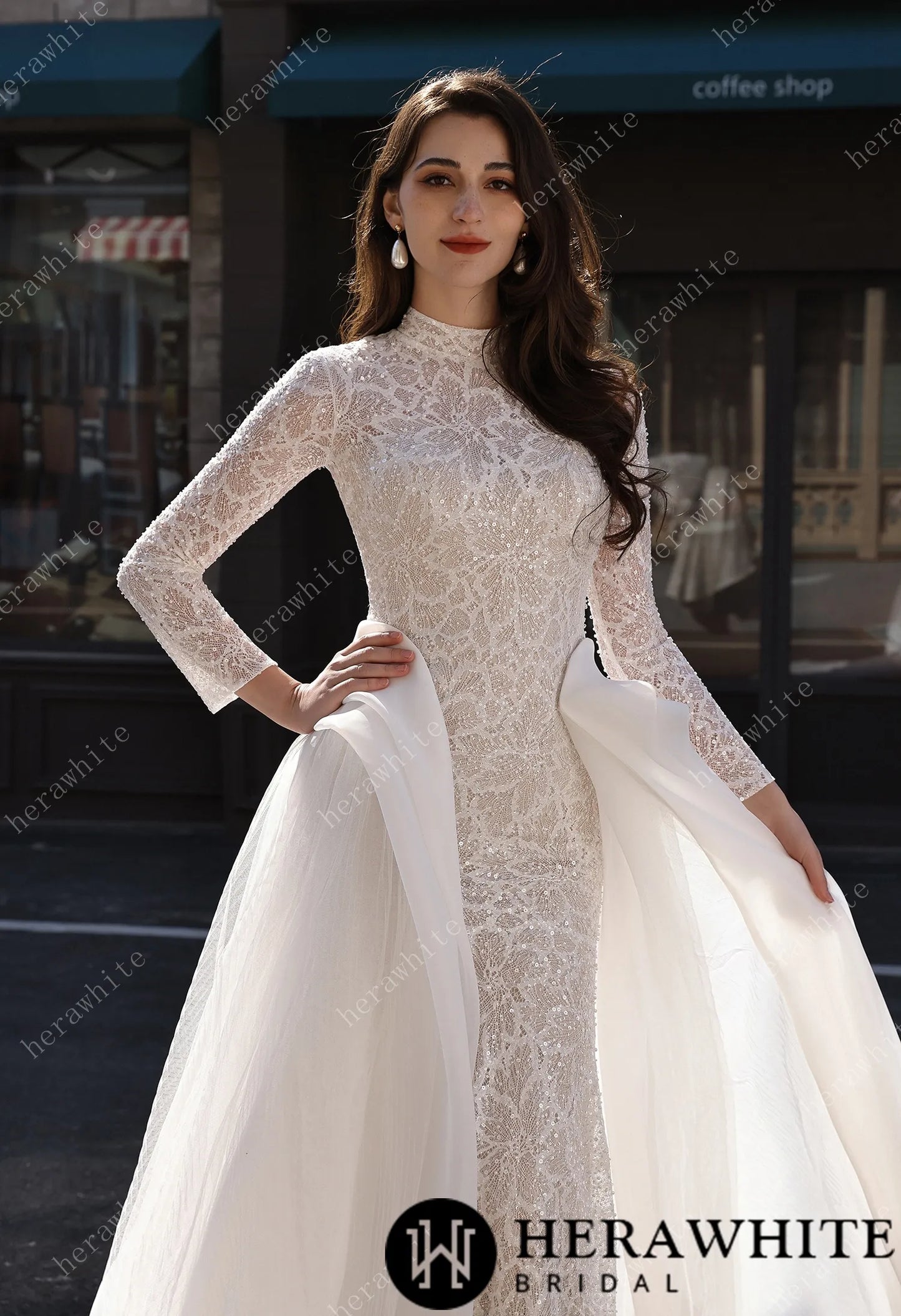 Elegant High-Neck Sequin Lace Sheath Gown with Detachable Sheer Train HW3843