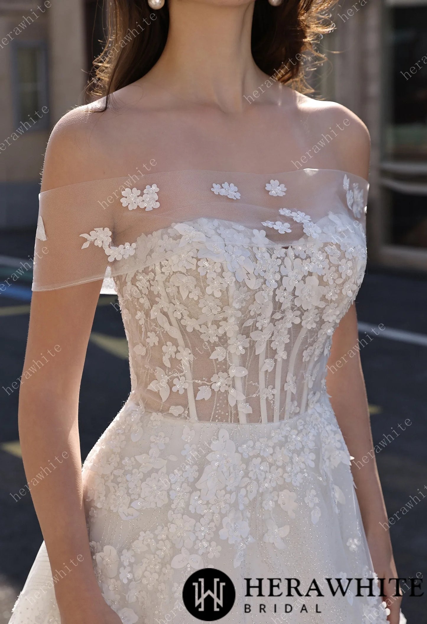 Off-the-Shoulder Sheer Floral Lace With Glitter A-Line Romantic Wedding Dress HW3822