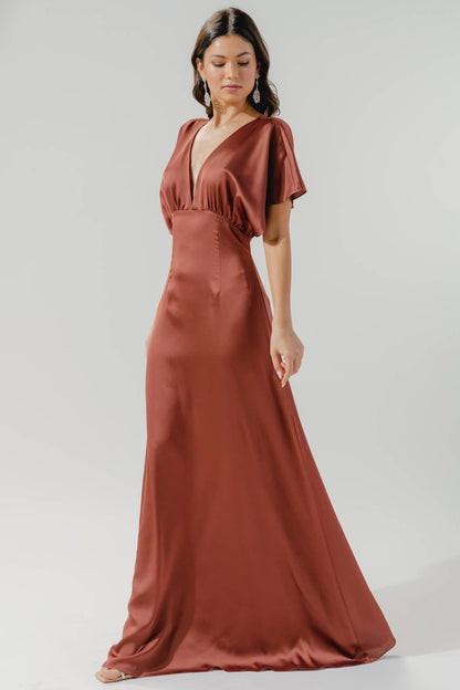 Darling Flutter Sleeve Cut Out Satin Maxi Dress: Champagne / L