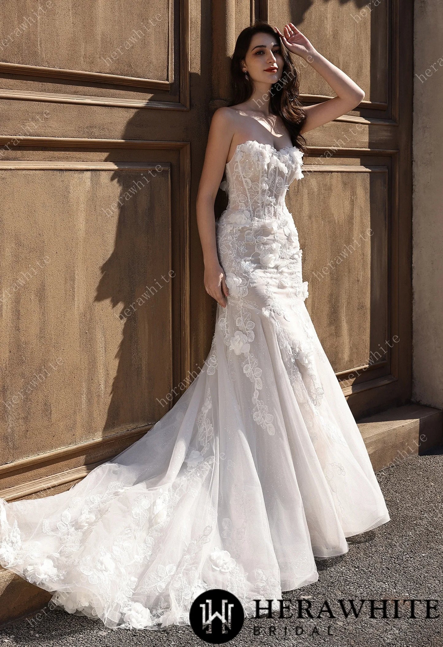 Off-the-Shoulder  3D Flower Lace Fit And Flare Wedding Dress HW3809