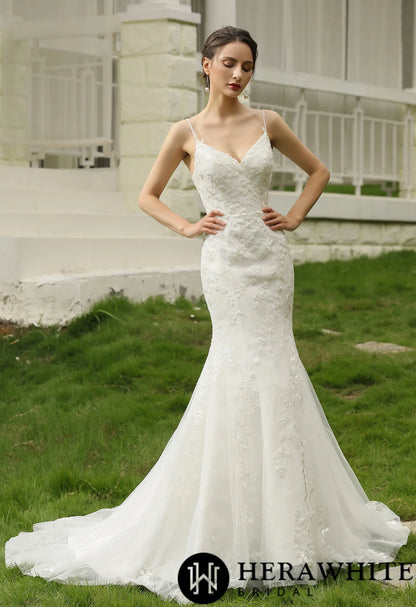 Spaghetti Beading Strap Fit To Flare  Wedding Dress