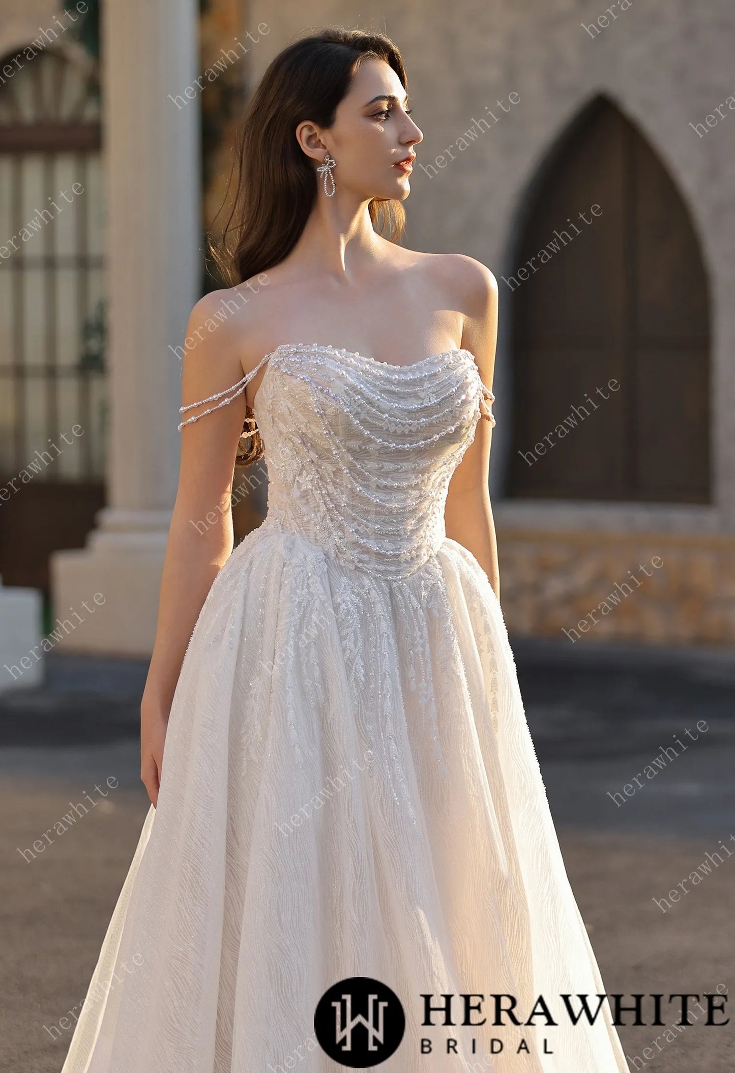 Strapless Ballgown Wedding Dress with Beaded Chain Shoulder Accent HW3807