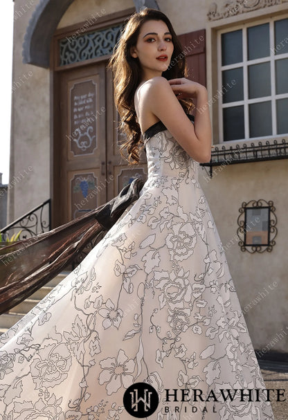 Strapless Black & Ivory Line-Art Floral Organza Bridal Gown With Back Detachable Bow HW3820