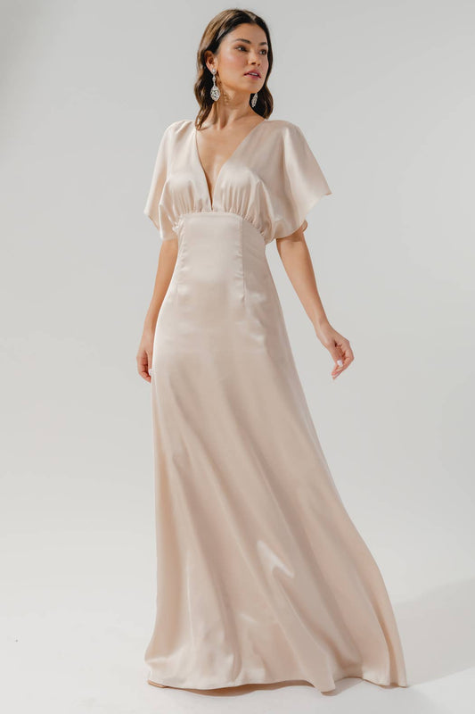 Darling Flutter Sleeve Cut Out Satin Maxi Dress: Champagne / XS