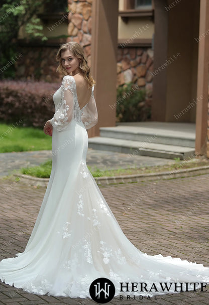 Square Neck Crepe Fit And Flare Wedding Dress With Tulle Bishop Sleeves