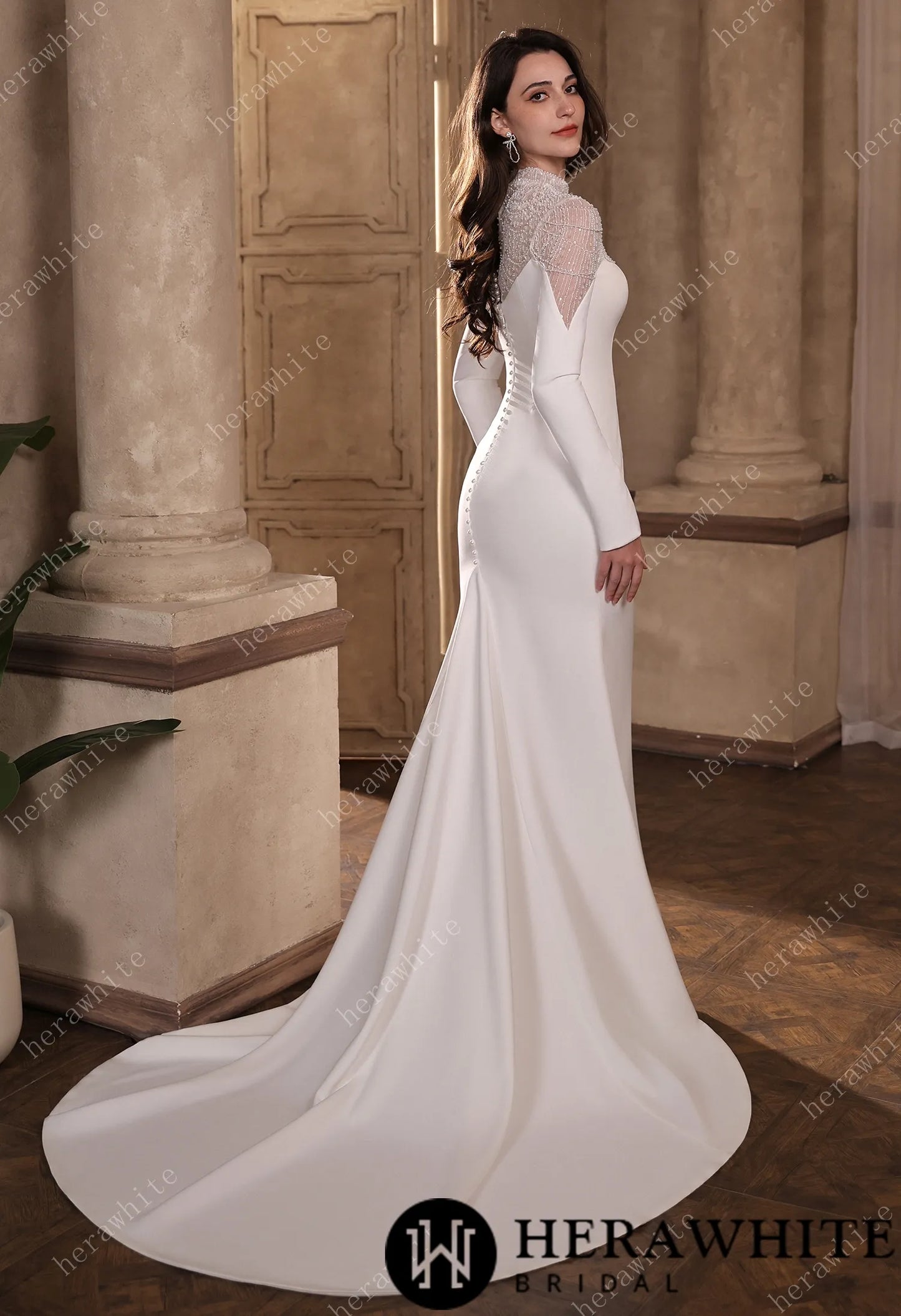 Sparkling Sheer High-Neck Beaded Mesh Long Sleeves Crepe Gown HW3855