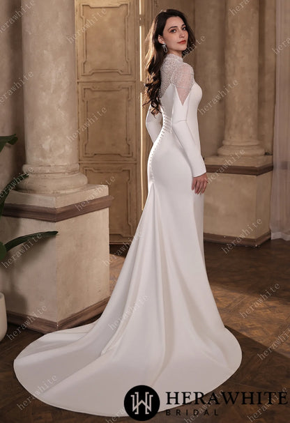 Sparkling Sheer High-Neck Beaded Mesh Long Sleeves Crepe Gown HW3855