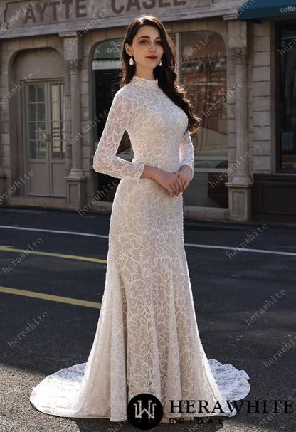 Elegant High-Neck Sequin Lace Sheath Gown with Detachable Sheer Train HW3843