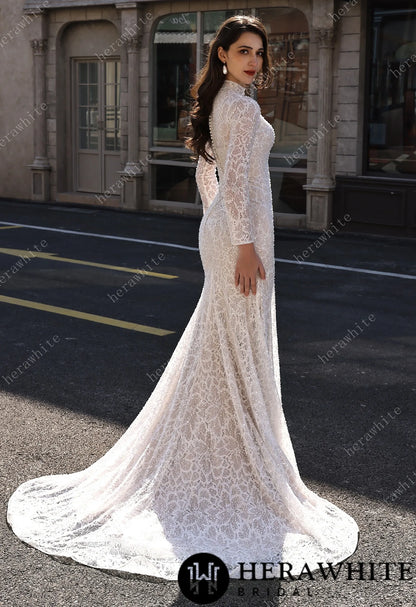 Elegant High-Neck Sequin Lace Sheath Gown with Detachable Sheer Train HW3843