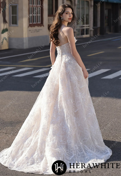 Strapless Sparkle Lace Bridal Gown with 3D Flowers HW3812