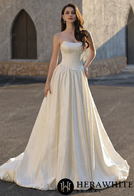 Jacquard Satin Wedding  Ball Gown Dresses With Dramatic Train HW3816B