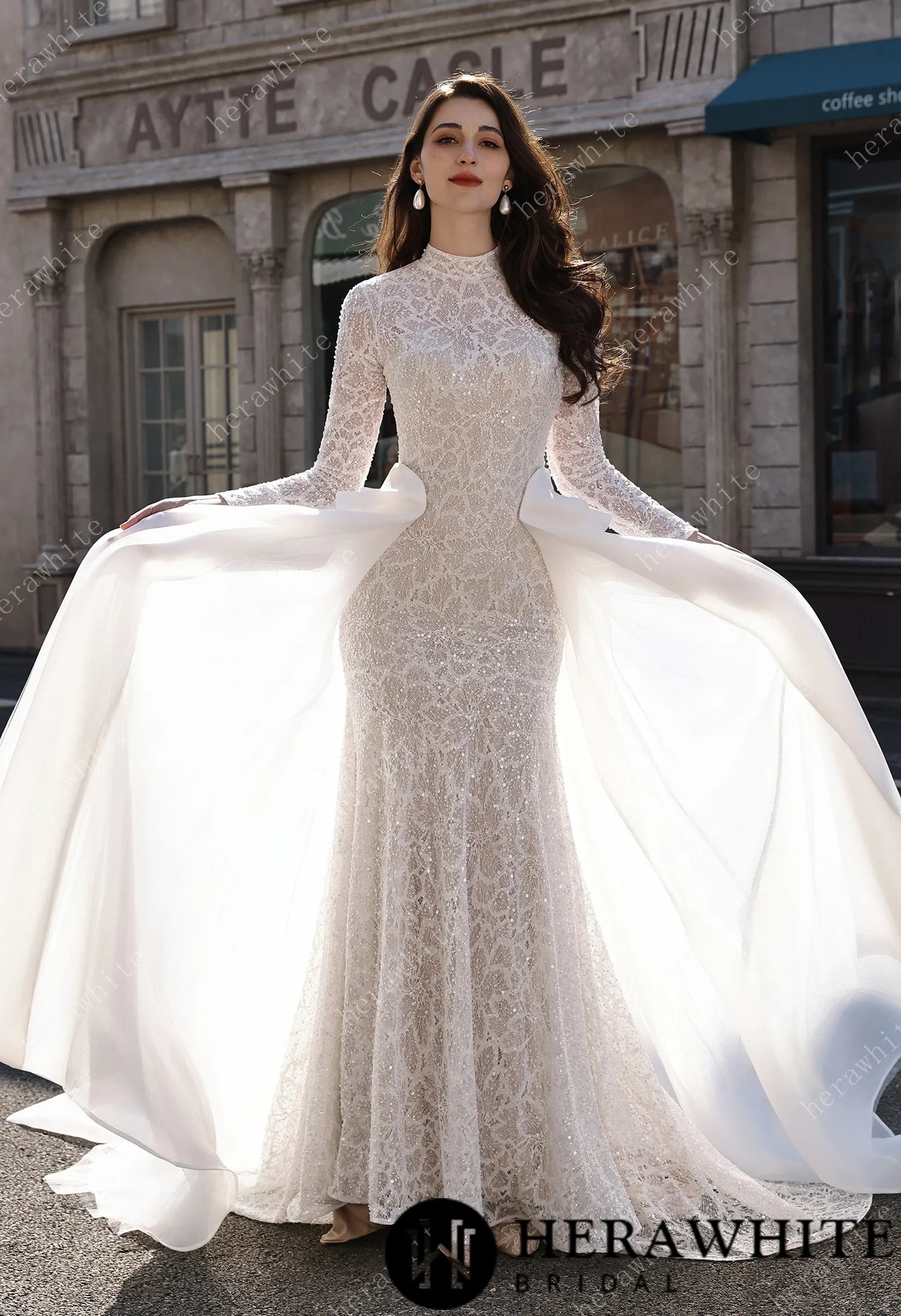 Elegant High-Neck Sequin Lace Sheath Gown with Detachable Sheer Train HW3843