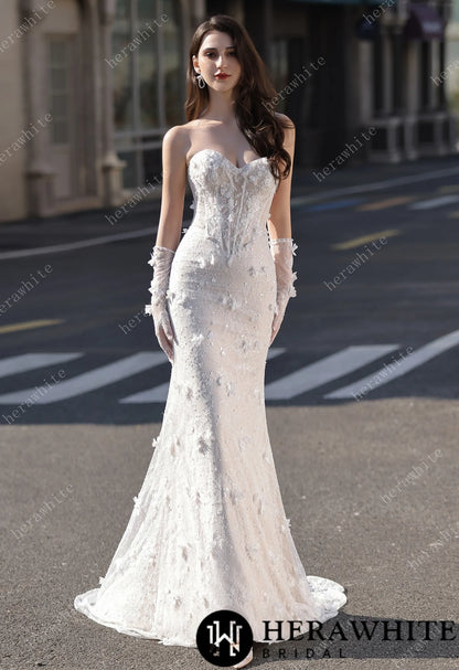 High Neck Lace Mermaid Bridal Gown with Buttons Placket HW3803-N+L